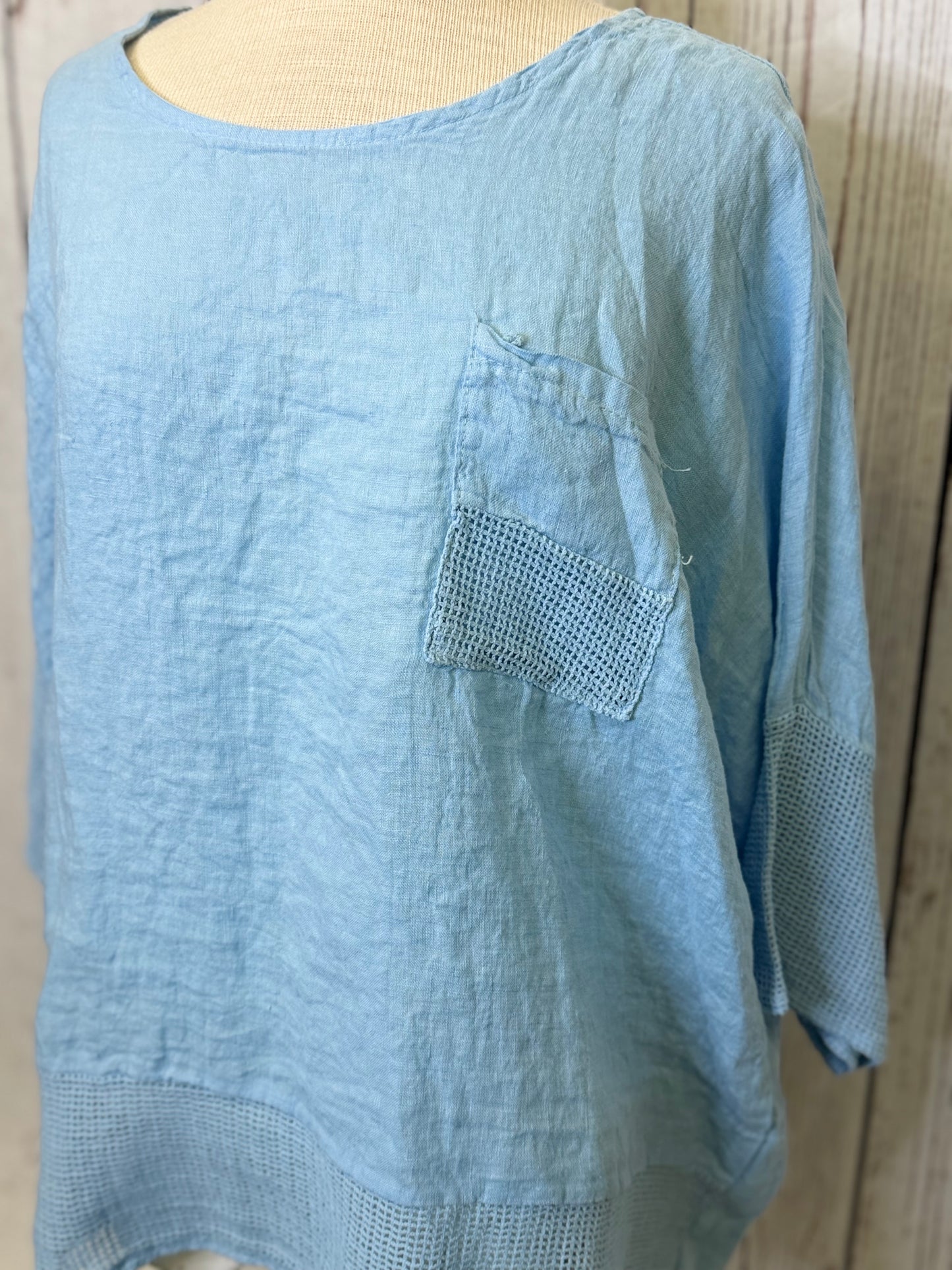 Made in Italy Linen Top with Crochet Net Trim