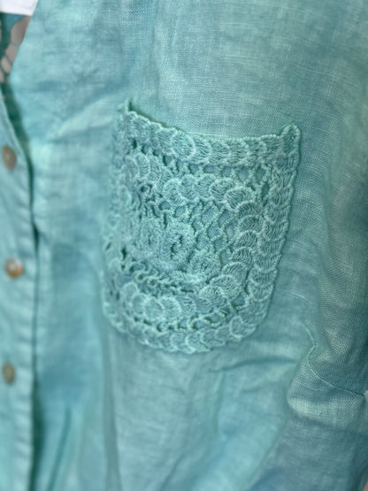 Made in Italy Tie Front Linen Top with Crocheted Back Detail