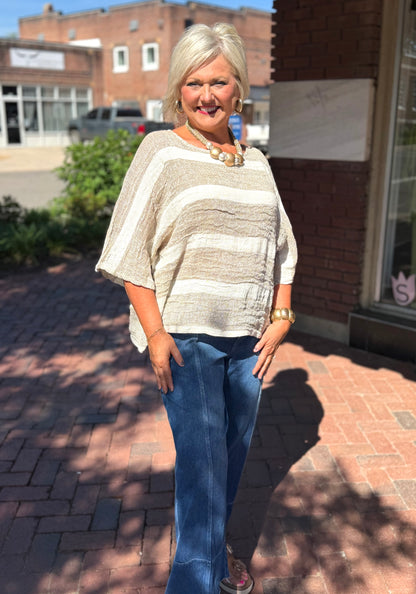 POL Round Neck Linen Striped Top