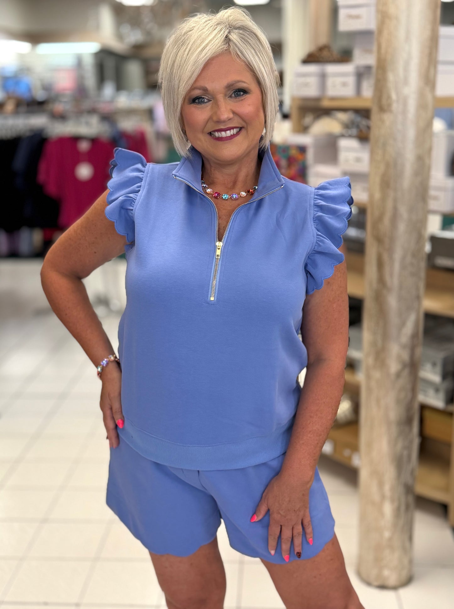 Umgee Peri Blue Scalloped Hem Shorts