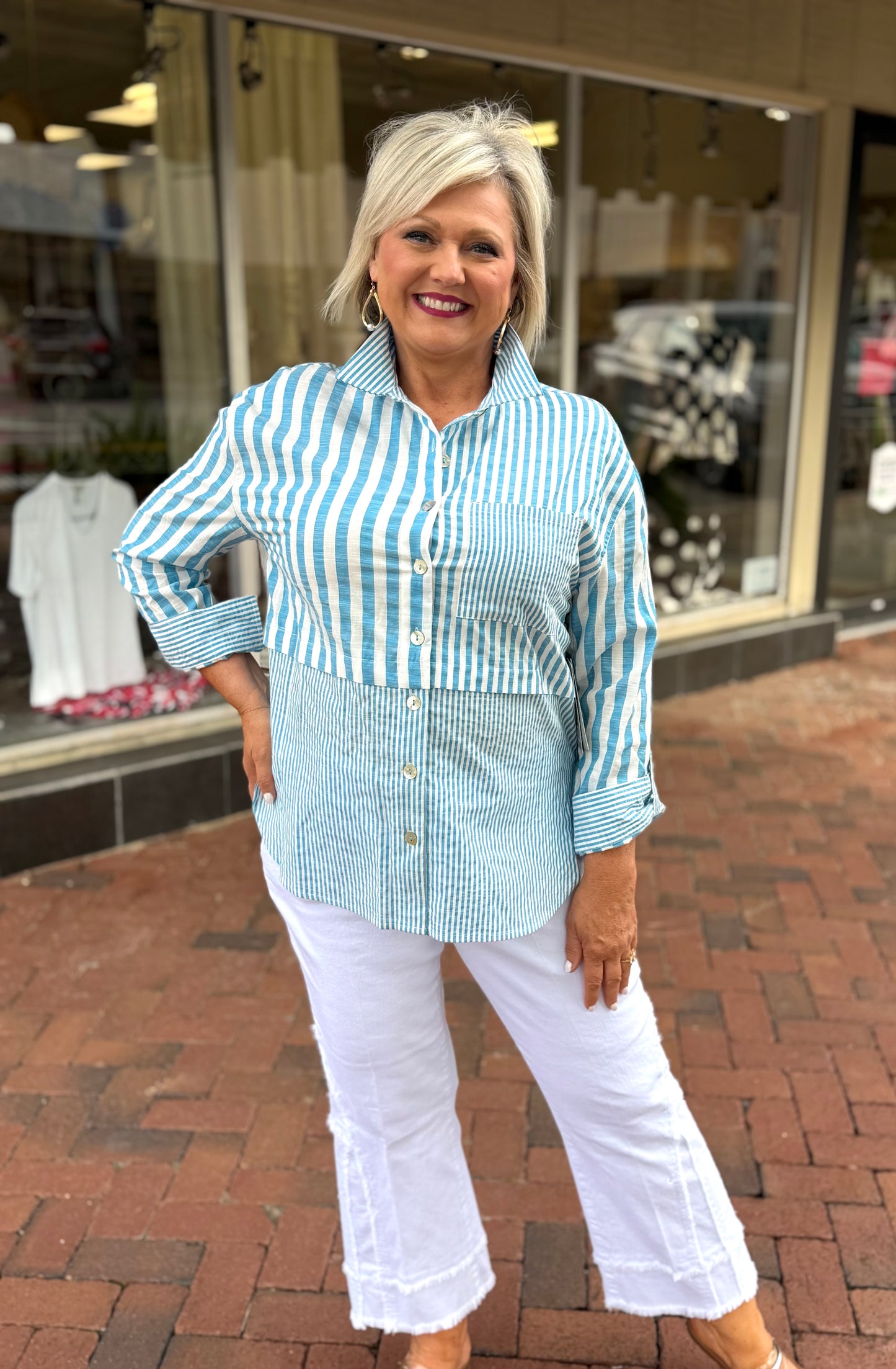 Multiples Stripe Slub Woven Shirt - Bright Turquoise