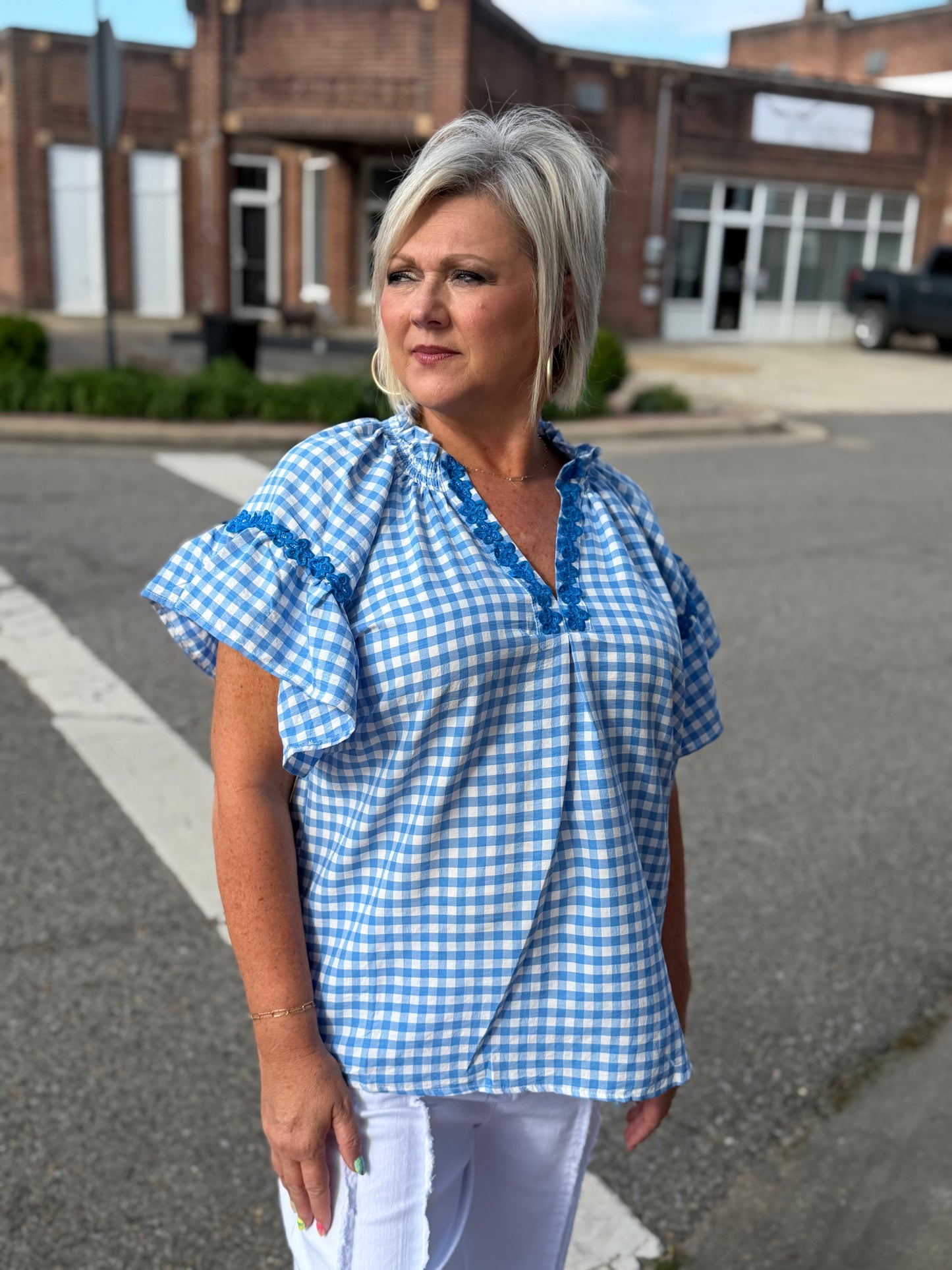 Umgee Blue Gingham Lace Trim Top