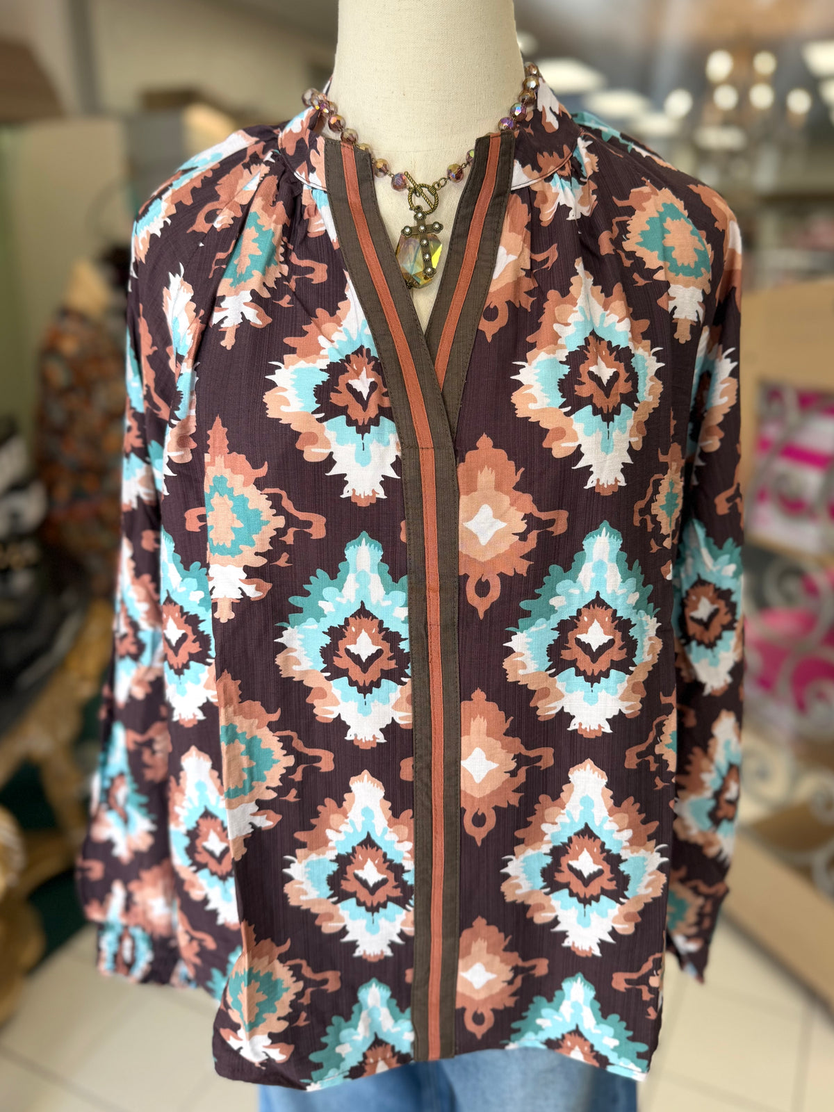 Umgee Brown Abstract Medallion Print V-Neck Long Sleeve Blouse