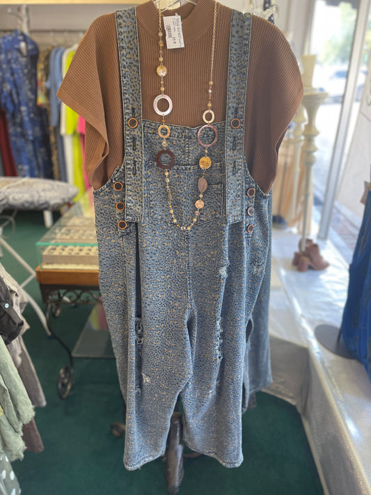 Easel Denim Leopard Print Overalls