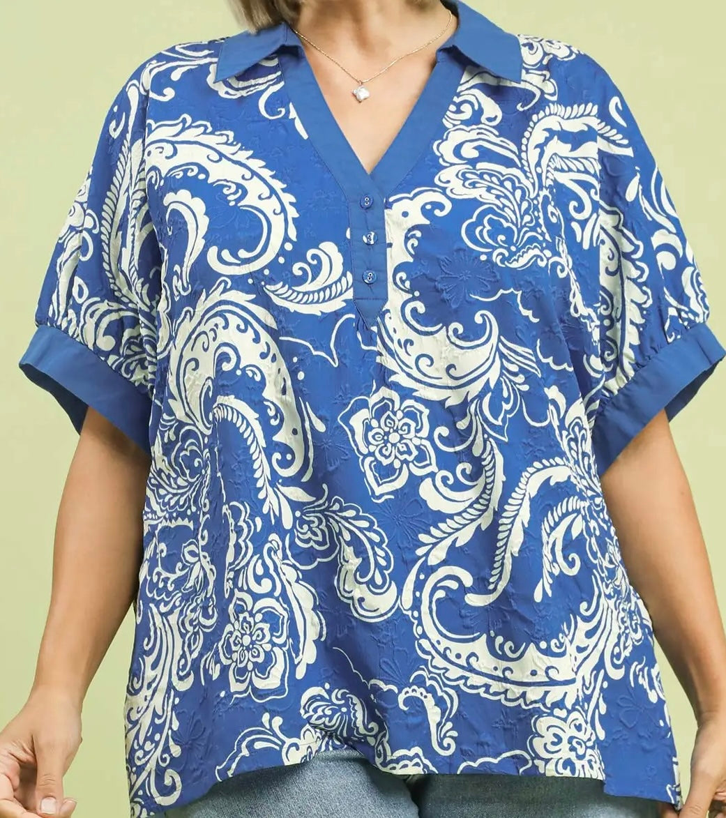 Umgee Plus Size Orchid Blue Paisley Print Button-Up Collared Top