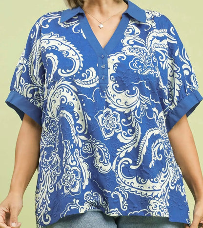 Umgee Plus Size Orchid Blue Paisley Print Button-Up Collared Top