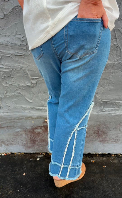FLARE LEG CROP PANT WITH FRINGED TRIM - MEDIUM INDIGO