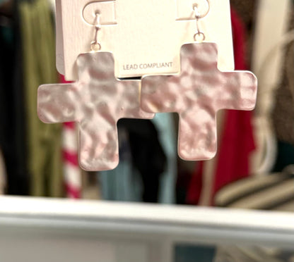 Silver Hammered Metal Cross Earrings