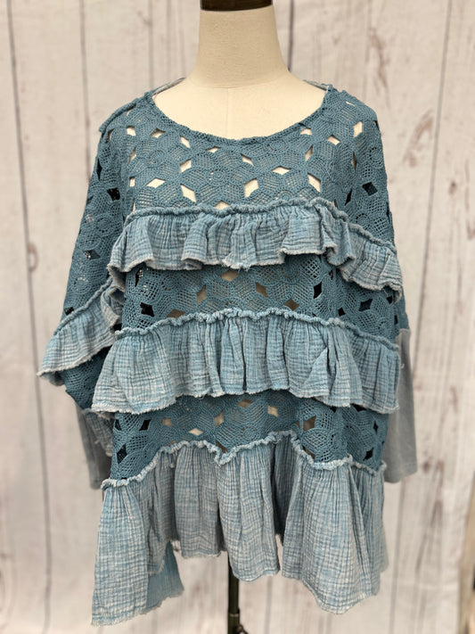 Oli & Hali Lagoon Washed Eyelet Contrast Top with Ruffles