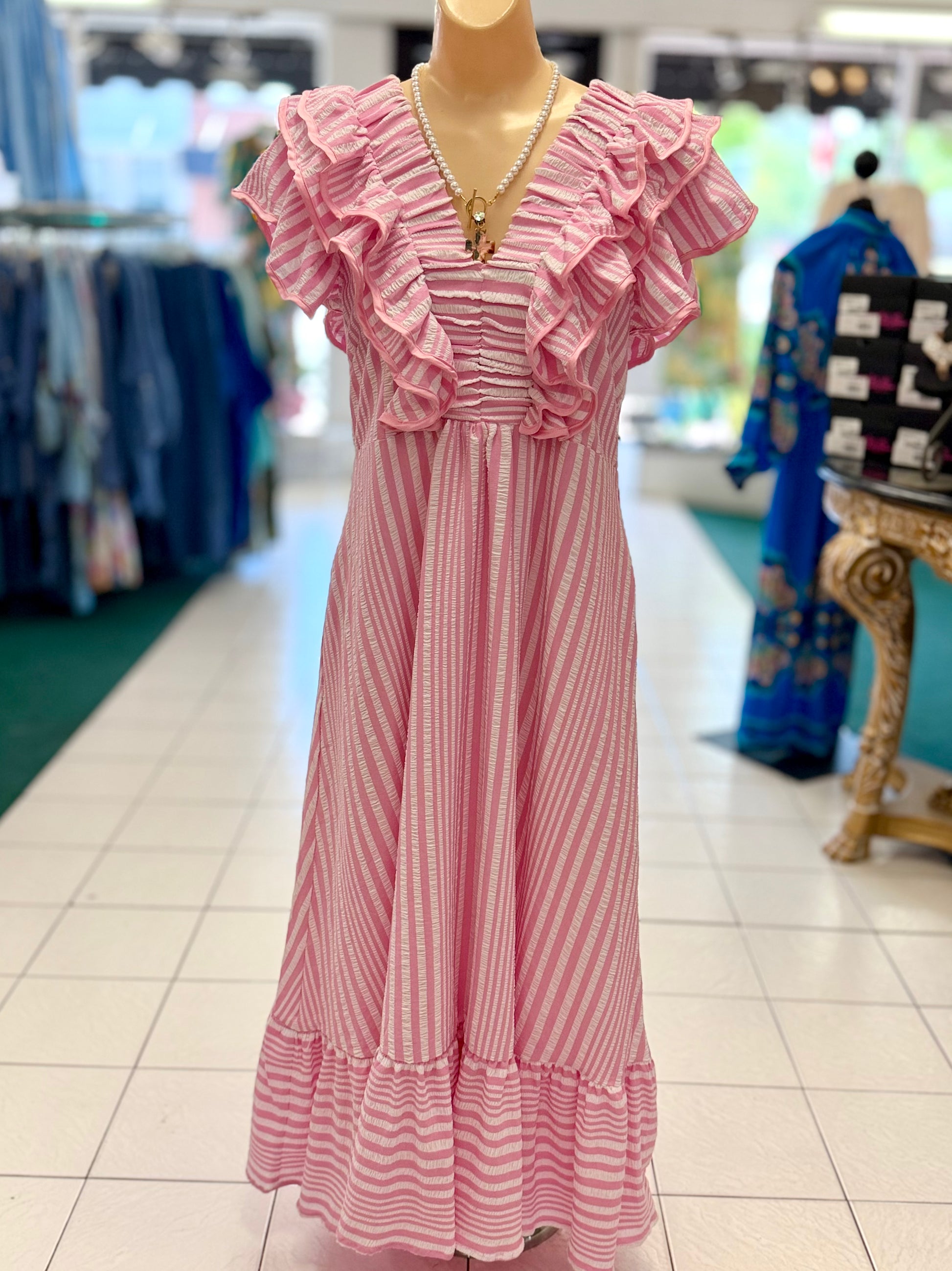 chinese dress ladies Pink Ruffled Striped Midi Dress w/ Pockets S