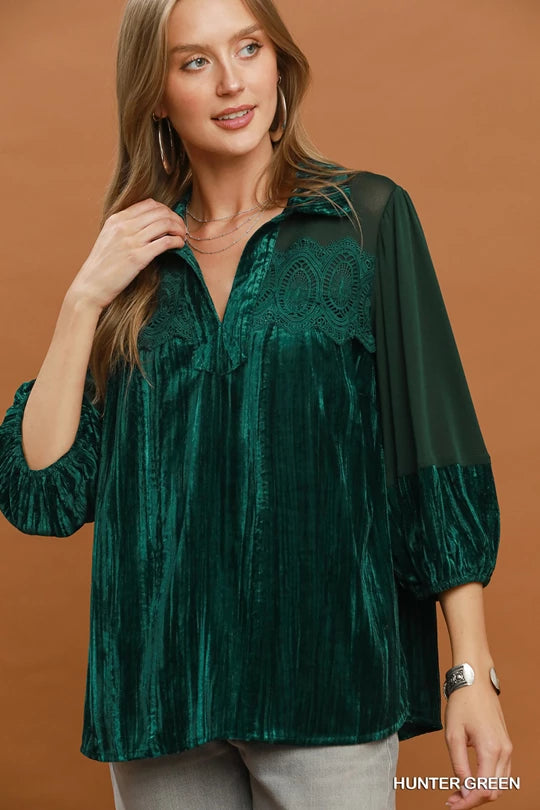 Velvet Lace Detail Mixed Fabric Blouse