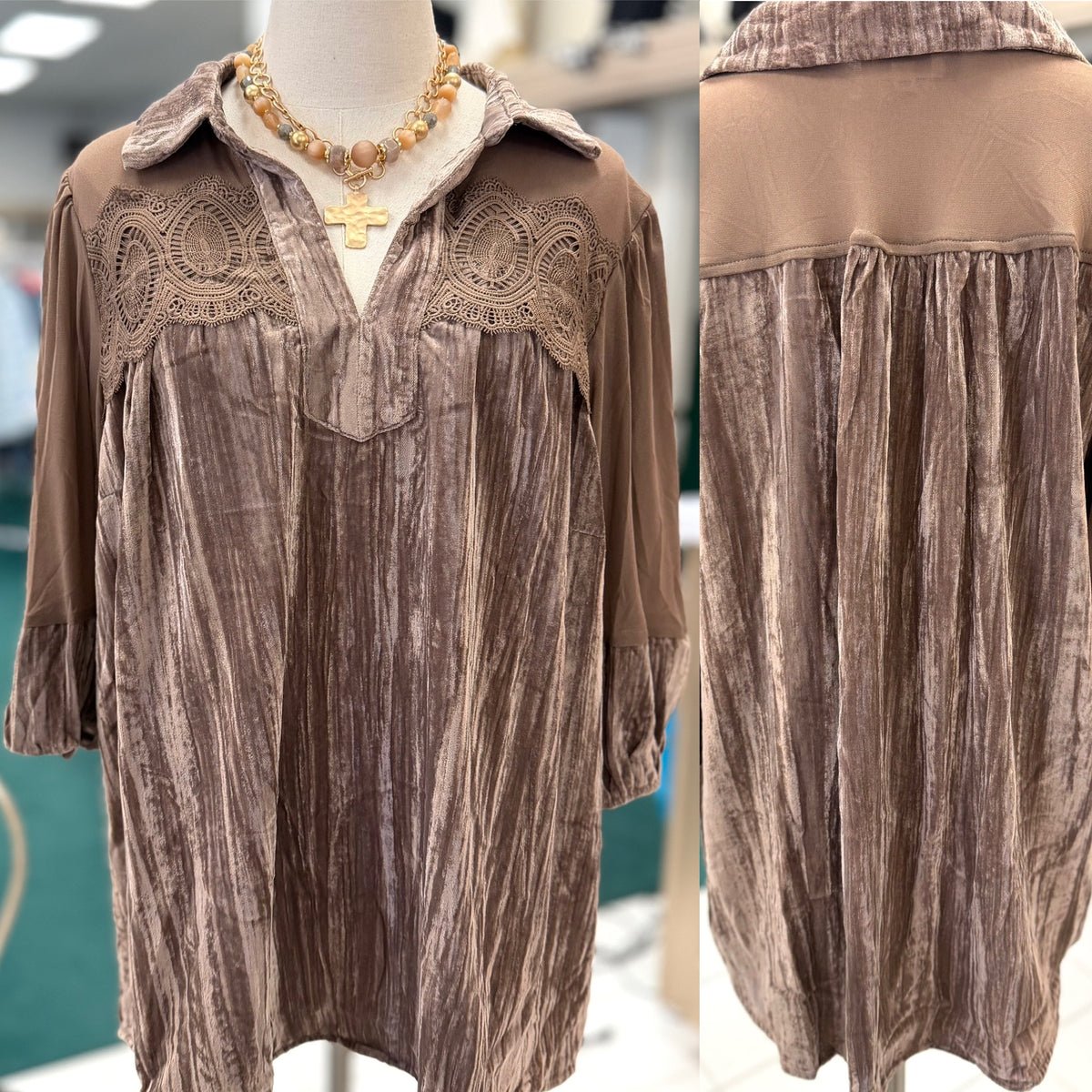 Umgee Plus Size Latte Brown Velvet Lace Detail Mixed Fabric Blouse