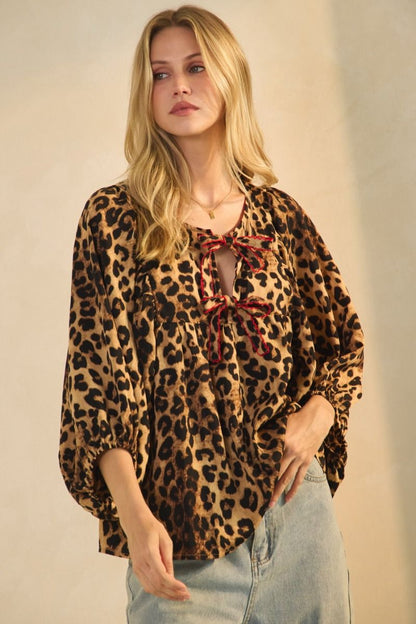 Oddi Plus Size Brown Leopard Print Puff Sleeve Top