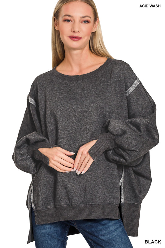 Zenana ACID WASHED BATWING SLEEVE HI-LOW FLEECE SWEATSHIRTS