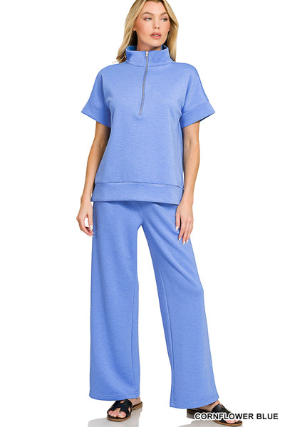 Zenana Cornflower SCUBA HIGH NECK HALF ZIP TOP & PANTS SET