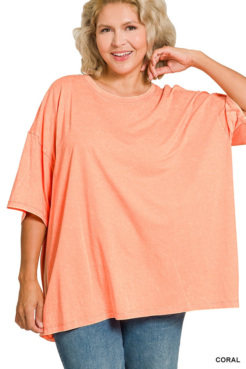 ZENANA PLUS ACID WASH COTTON BOYFRIEND BOX TEE