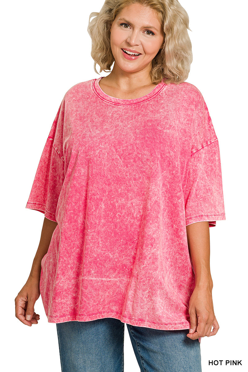 ZENANA PLUS ACID WASH COTTON BOYFRIEND BOX TEE