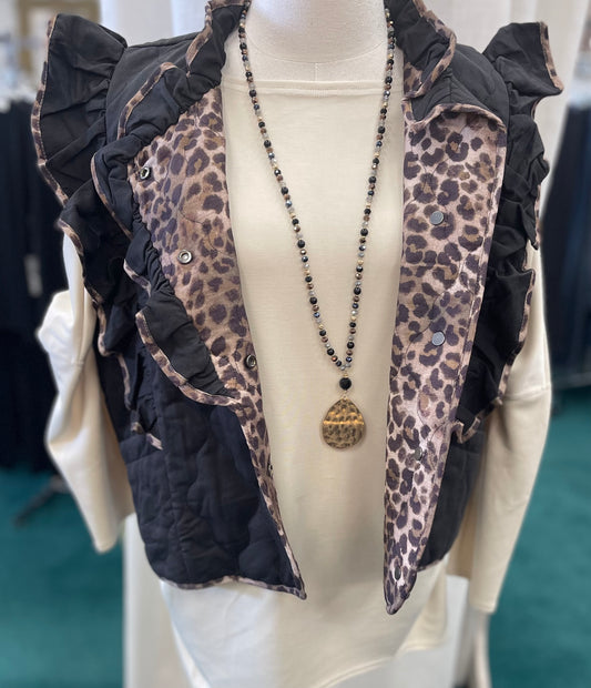 Umgee Black Quilted Ruffle Vest with Leopard Trim