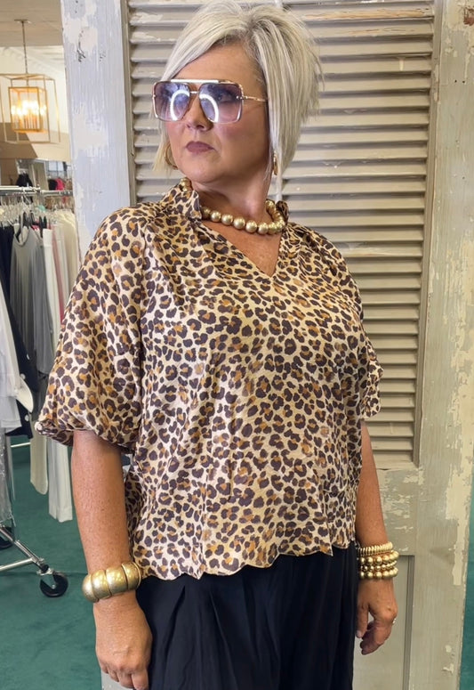 Bubble Sleeve Animal Print Blouse