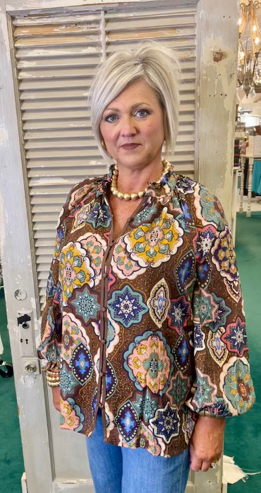 Umgee Fall Mosaic Long Sleeve Blouse