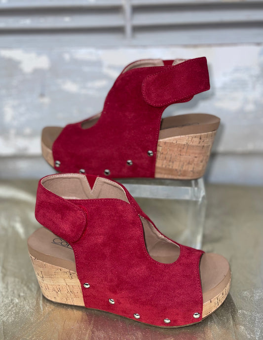 Corkys Dark Red Faux Suede Frisky Wedges