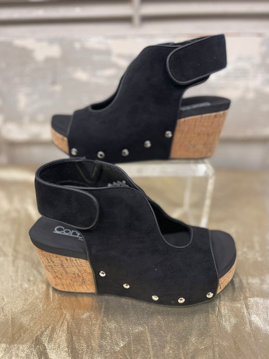 Corkys Black Faux Suede Frisky Wedges