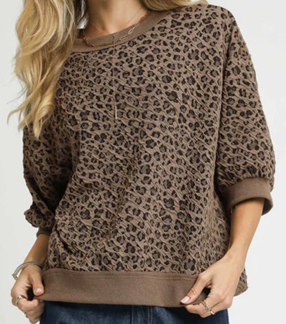 Umgee Falling for Leopard Knit Puff Sleeve Top