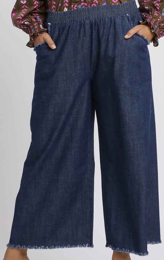 Umgee Plus Size Dark Washed Denim Pants with fringe hem