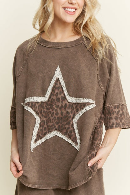 J. Her Mineral Washed Leopard Lace Star Top