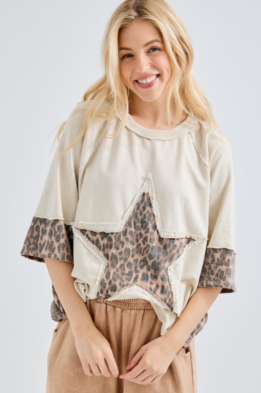 J. Her Mineral Washed Leopard Lace Star Top