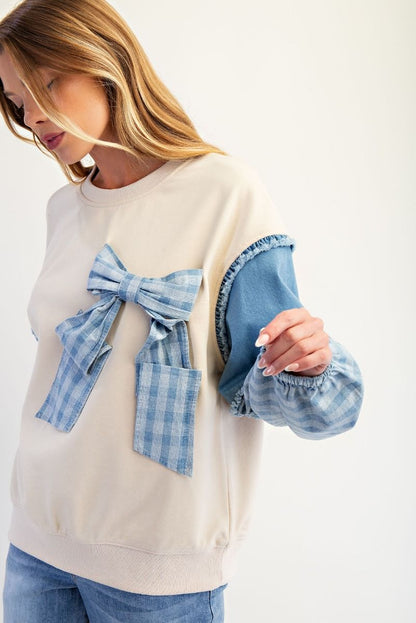 Easel Denim Contrast Ribbon Washed Terry Pullover