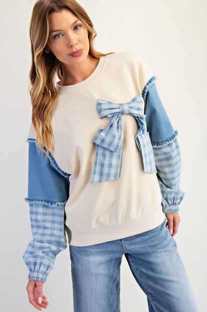 Easel Denim Contrast Ribbon Washed Terry Pullover