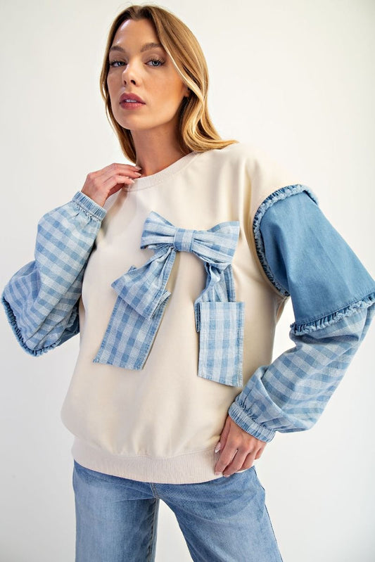 Easel Denim Contrast Ribbon Washed Terry Pullover