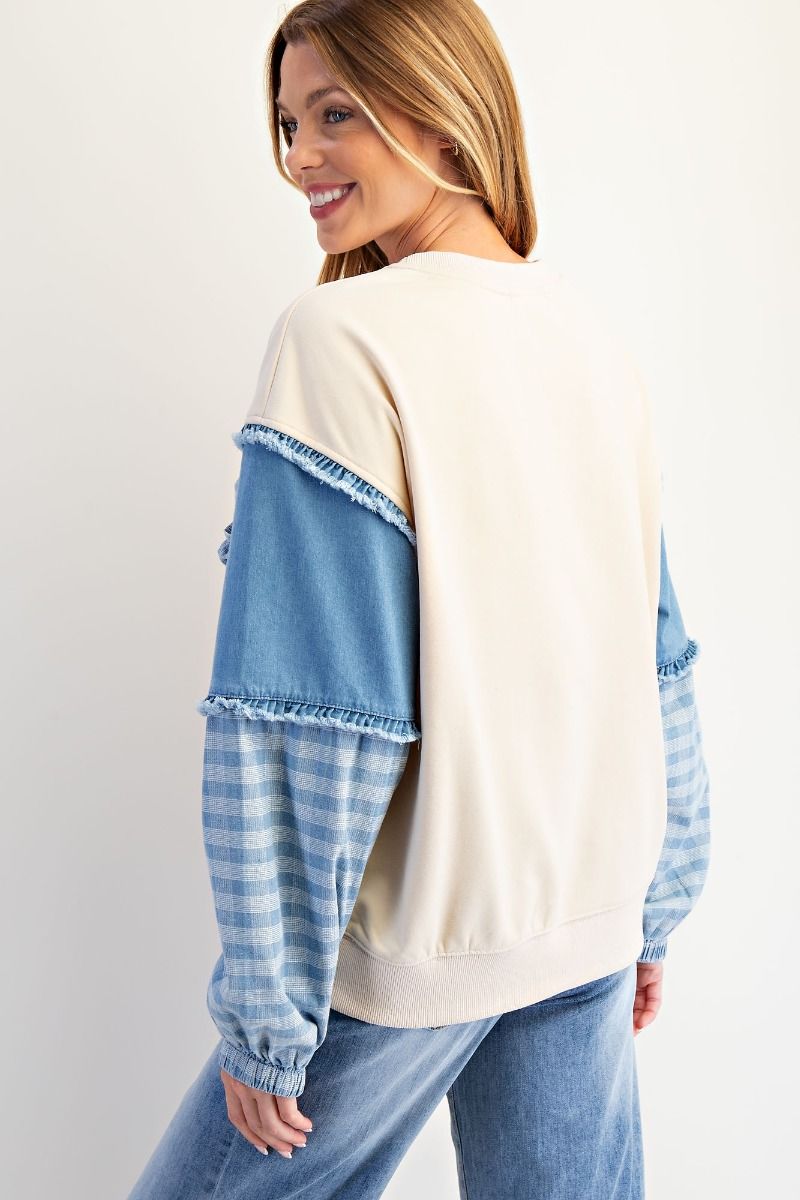 Easel Denim Contrast Ribbon Washed Terry Pullover
