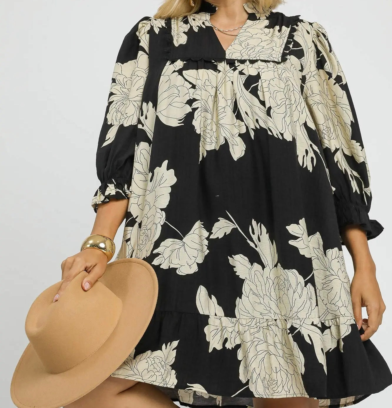 Umgee Plus Size Black Floral Tiered Babydoll Dress
