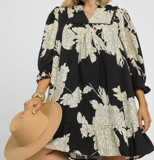 Umgee Plus Size Black Floral Tiered Babydoll Dress
