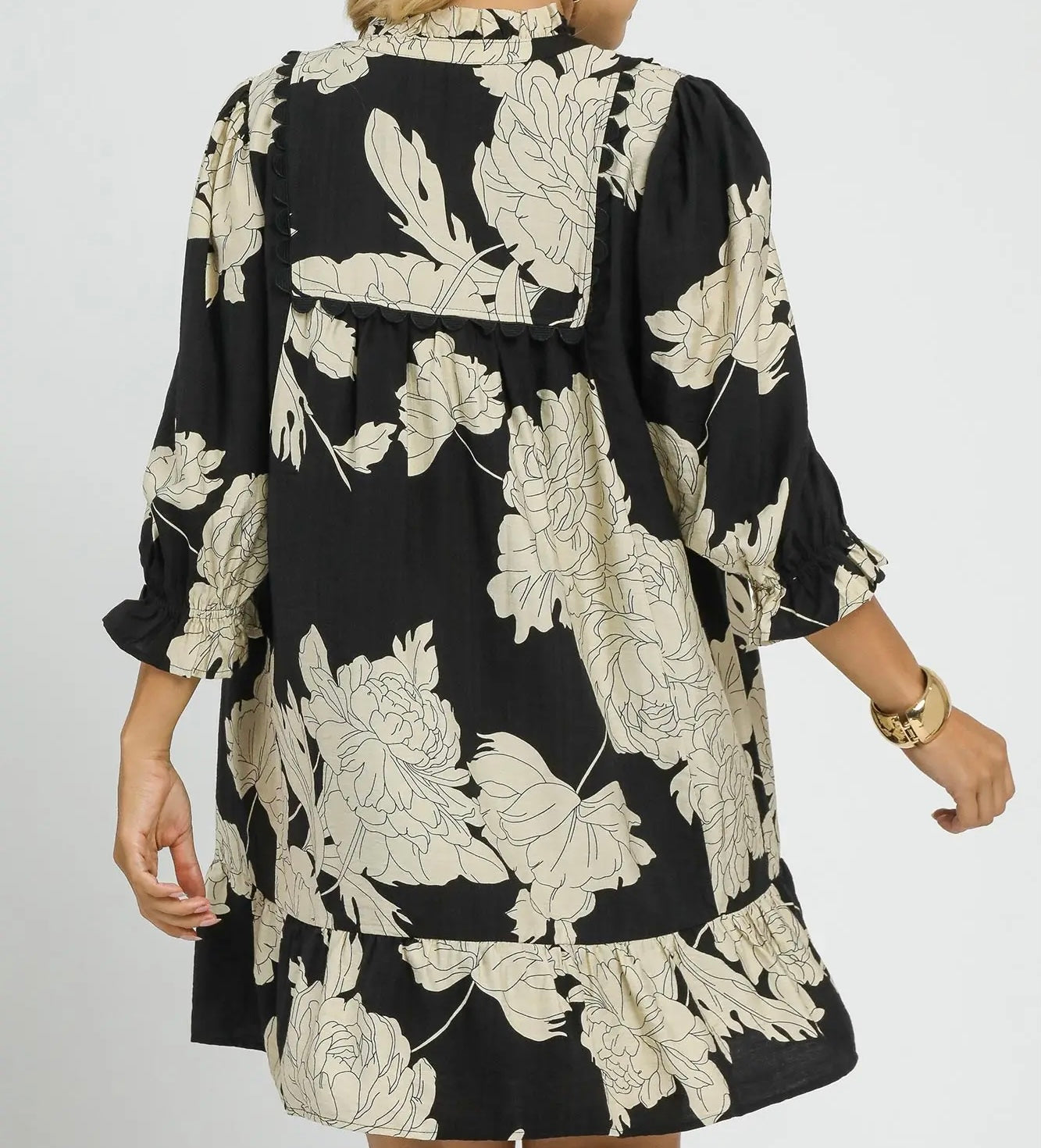Umgee Plus Size Black Floral Tiered Babydoll Dress