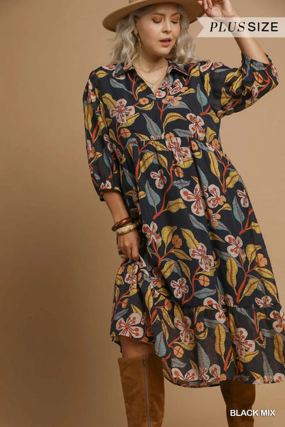 Umgee Plus Size Mixed Floral Tiered Midi Dress