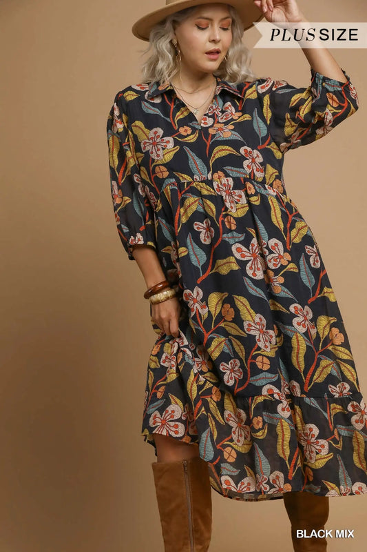 Umgee Plus Size Mixed Floral Tiered Midi Dress