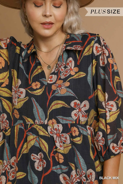 Umgee Plus Size Mixed Floral Tiered Midi Dress