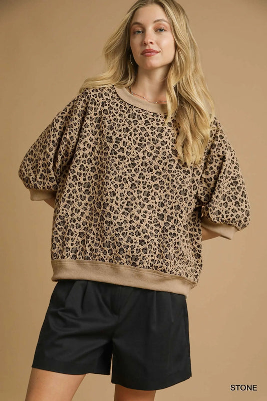 Umgee Stone Knit Puff Sleeve Sweatshirt