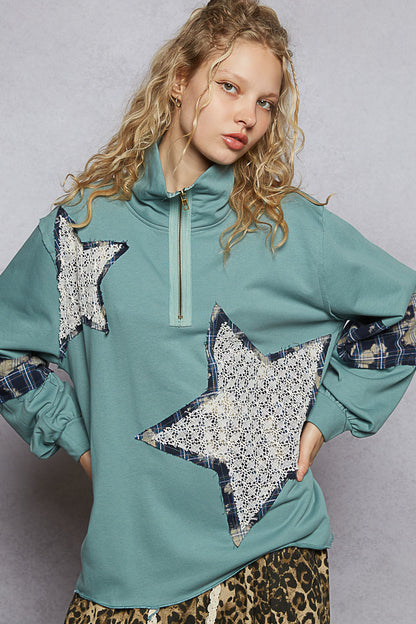 POL Teal Sage Star Patch Pullover w/ Zip