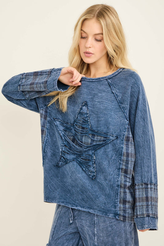 J. Her Navy Mineral Washed Distressed Star Patch Plaid Top