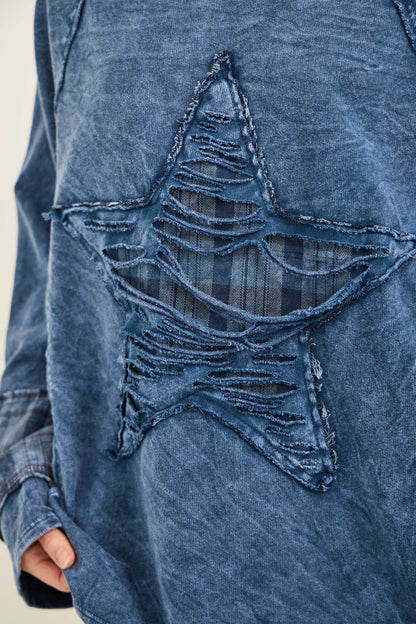J. Her Navy Mineral Washed Distressed Star Patch Plaid Top
