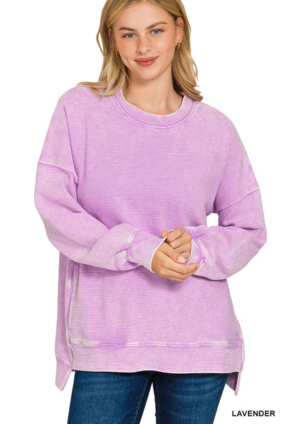 Zenana ACID WASHED DOUBLE RIBBED HI-LOW PULLOVER