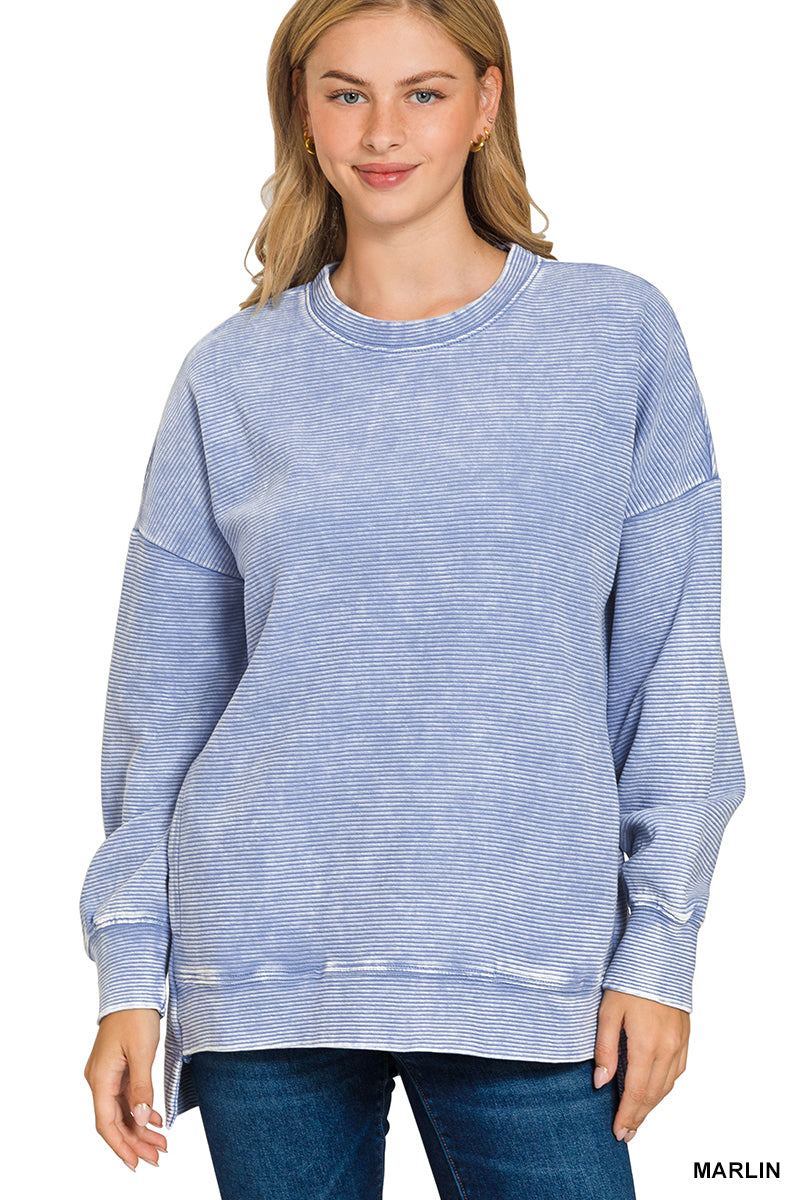 Zenana ACID WASHED DOUBLE RIBBED HI-LOW PULLOVER