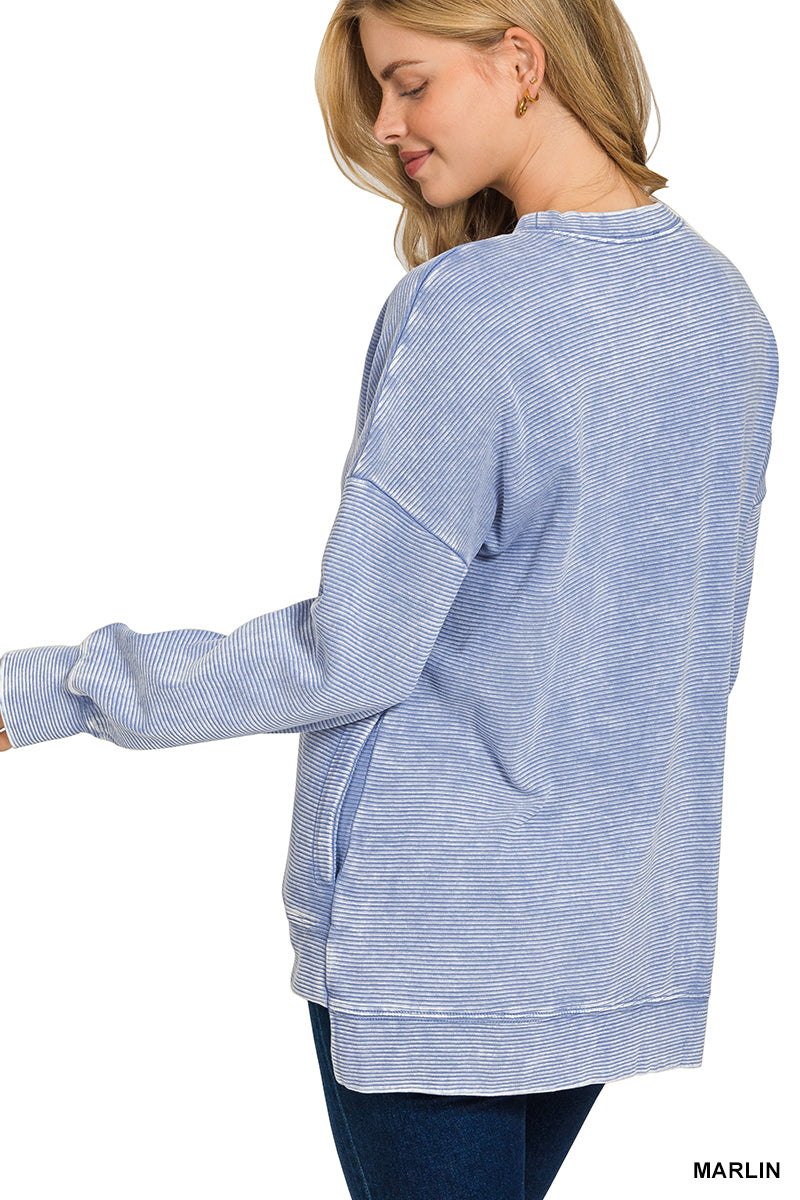 Zenana ACID WASHED DOUBLE RIBBED HI-LOW PULLOVER