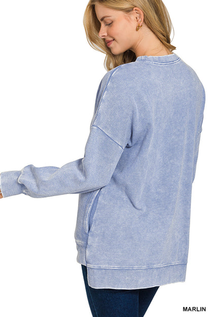 Zenana ACID WASHED DOUBLE RIBBED HI-LOW PULLOVER