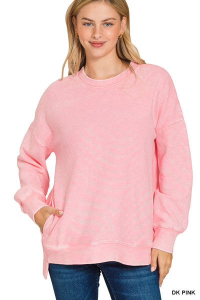 Zenana ACID WASHED DOUBLE RIBBED HI-LOW PULLOVER
