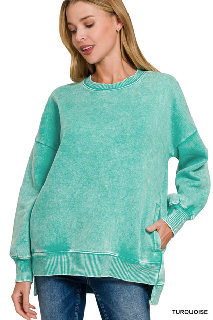 Zenana ACID WASH FLEECE HI-LOW HEM PULLOVER